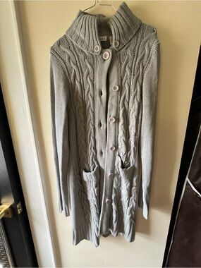 Women Light Gray Cable Knit Long Cardigan